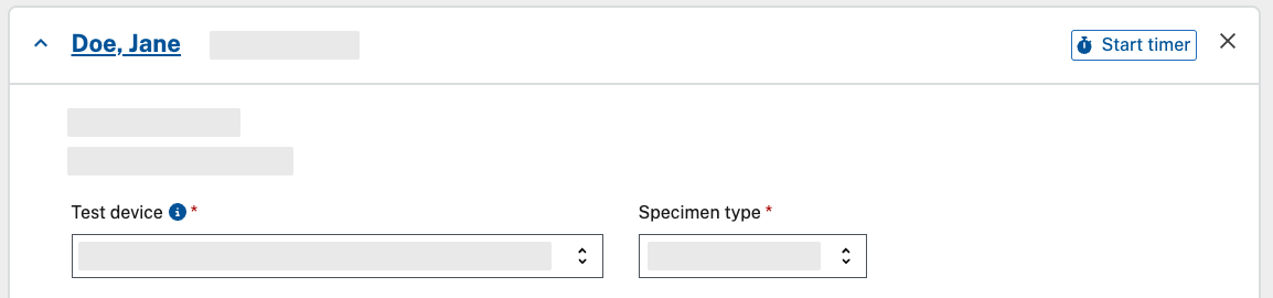 The device and swab type dropdown menus at the bottom left of the person's card